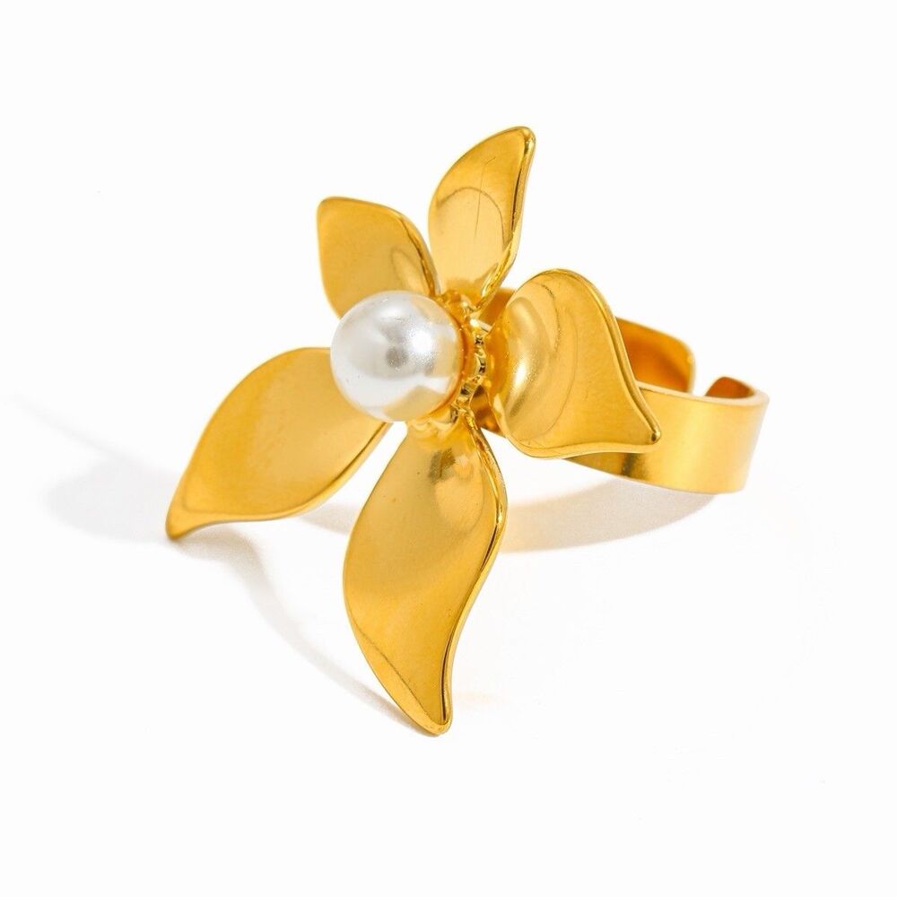 18K Gold Plated Flower Ring Imitation Pearl PVD Stainless Steel Open Band